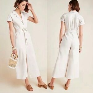 Anthropologie Elizabeth Wide Leg Jumpsuit Women’s 4 Belted Utility‎ Ivory Crop
